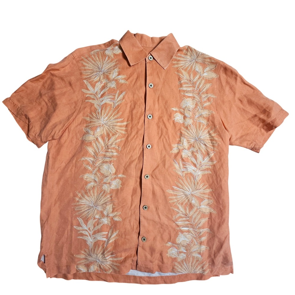 Tommy Bahama Mens Silk Linen Embroidered Button Up Camp Shirt M Coastal Resort